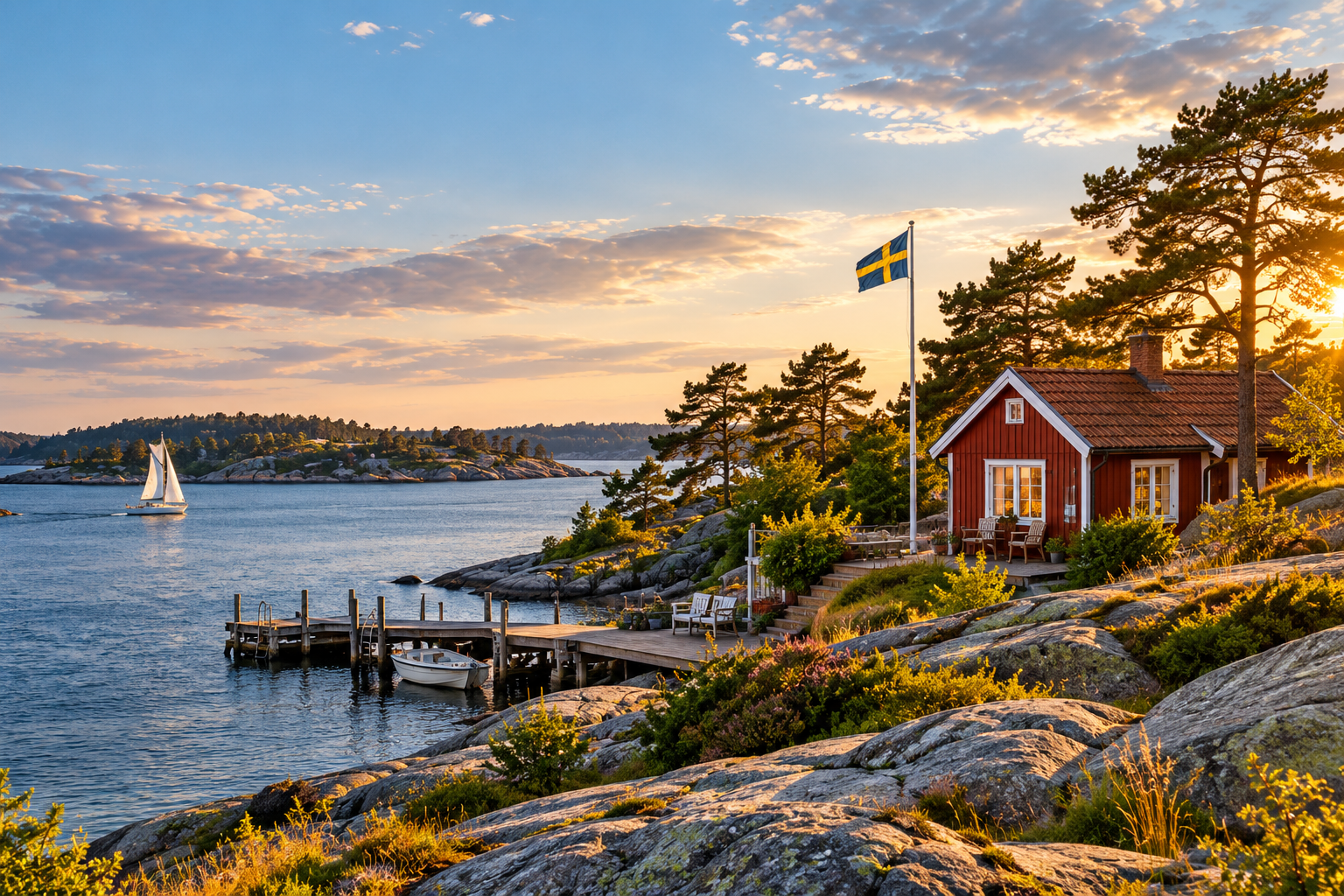 Rött skärgårdshus vid vattnet